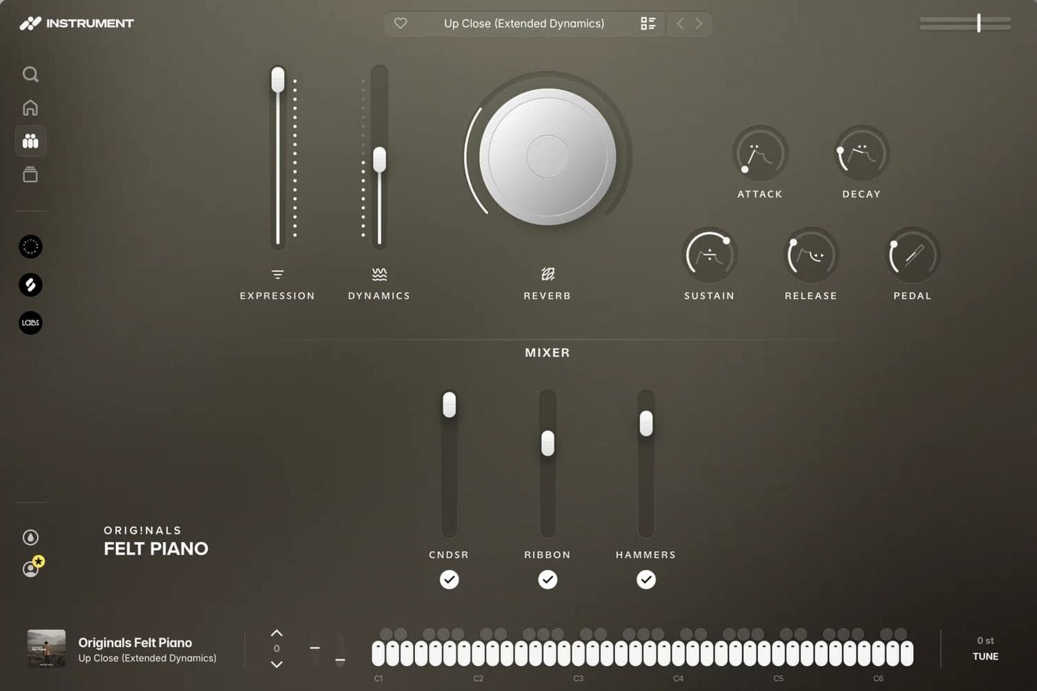Originals Felt Piano open in the INSTRUMENT plugin, showing expression and dynamics faders, a reverb dial, ADSR controls, and the microphone mixer.