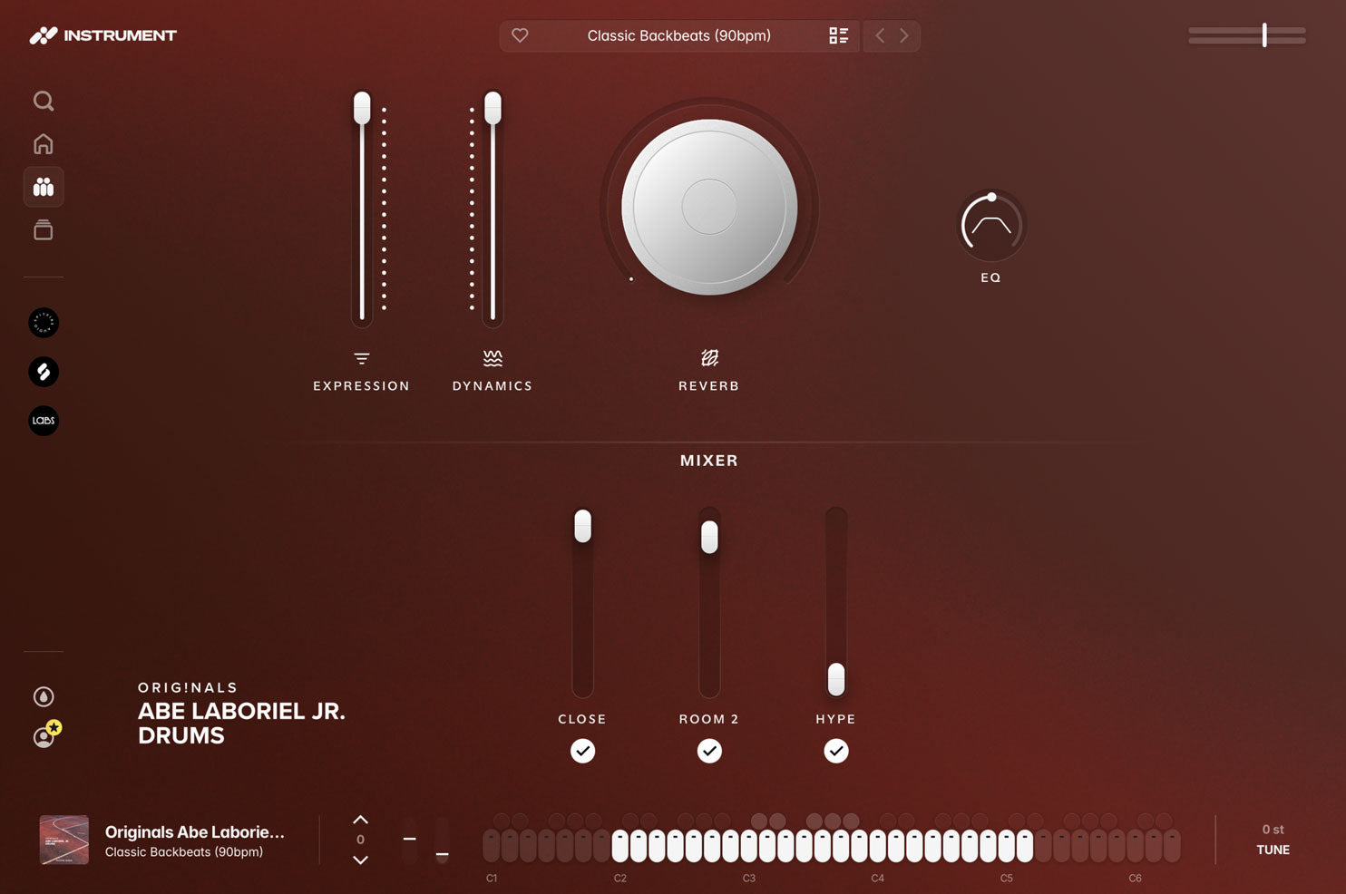 Originals Abe Laboriel Jr Drums open in the INSTRUMENT plugin, showing expression and dynamics faders, a reverb dial, ADSR controls, and the microphone mixer.