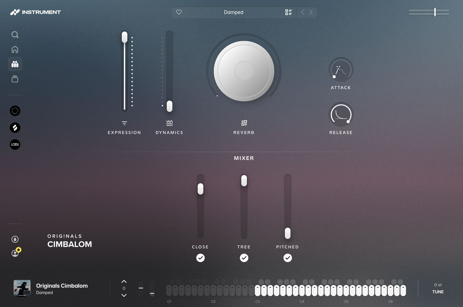 Originals Cimbalom open in the INSTRUMENT plugin, showing expression and dynamics faders, a reverb dial, ADSR controls, and the microphone mixer.