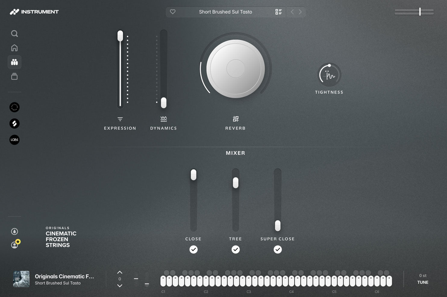 Originals Cinematic Frozen Strings open in the INSTRUMENT plugin, showing expression and dynamics faders, a reverb dial, ADSR controls, and the microphone mixer.