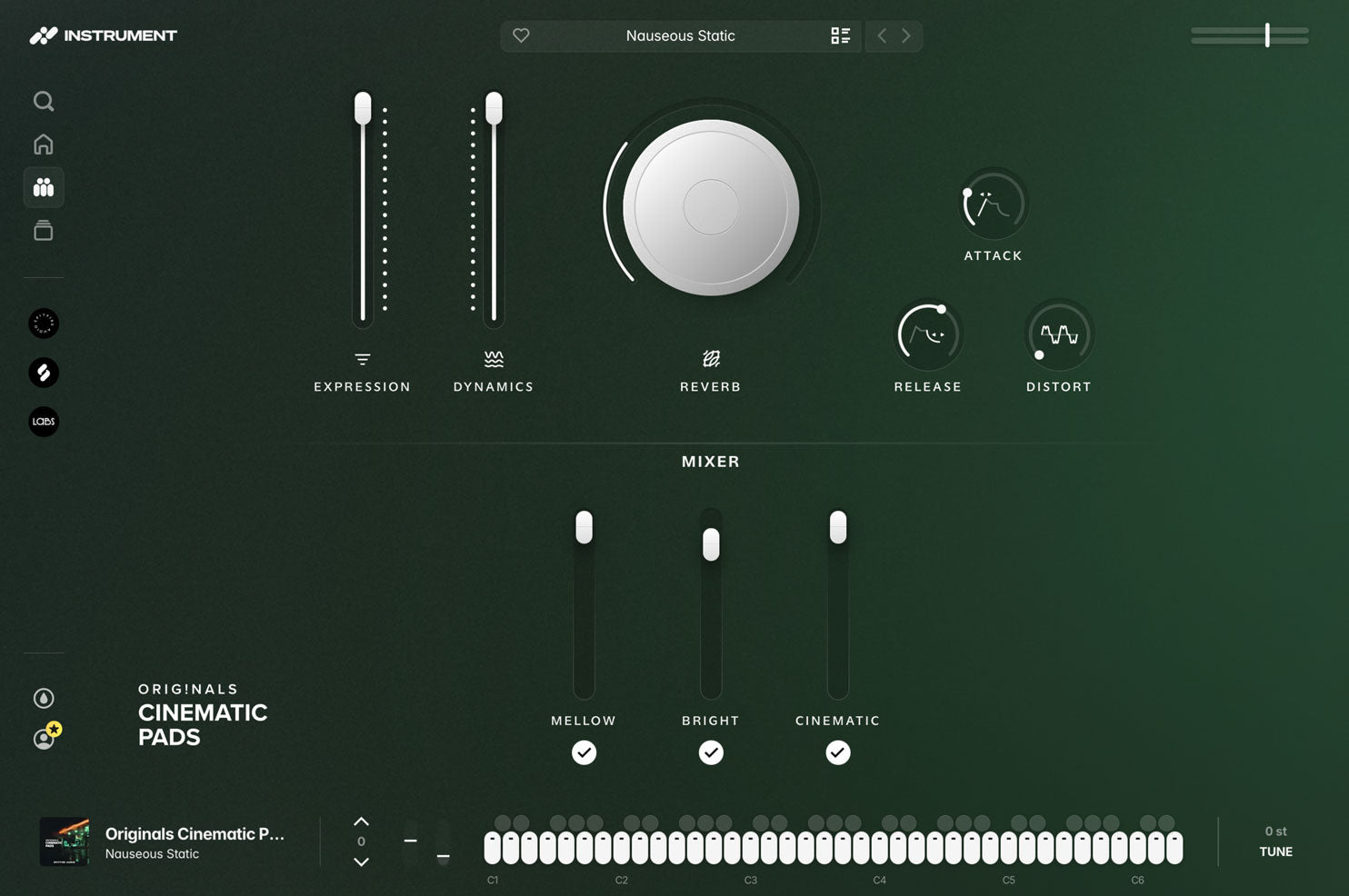 Originals Cinematic Pads open in the INSTRUMENT plugin, showing expression and dynamics faders, a reverb dial, ADSR controls, and the microphone mixer.