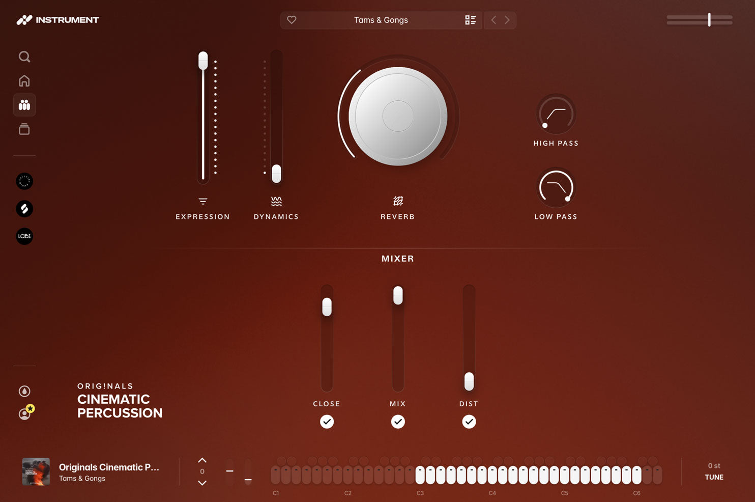 Originals Cinematic Percussion open in the INSTRUMENT plugin, showing expression and dynamics faders, a reverb dial, ADSR controls, and the microphone mixer.
