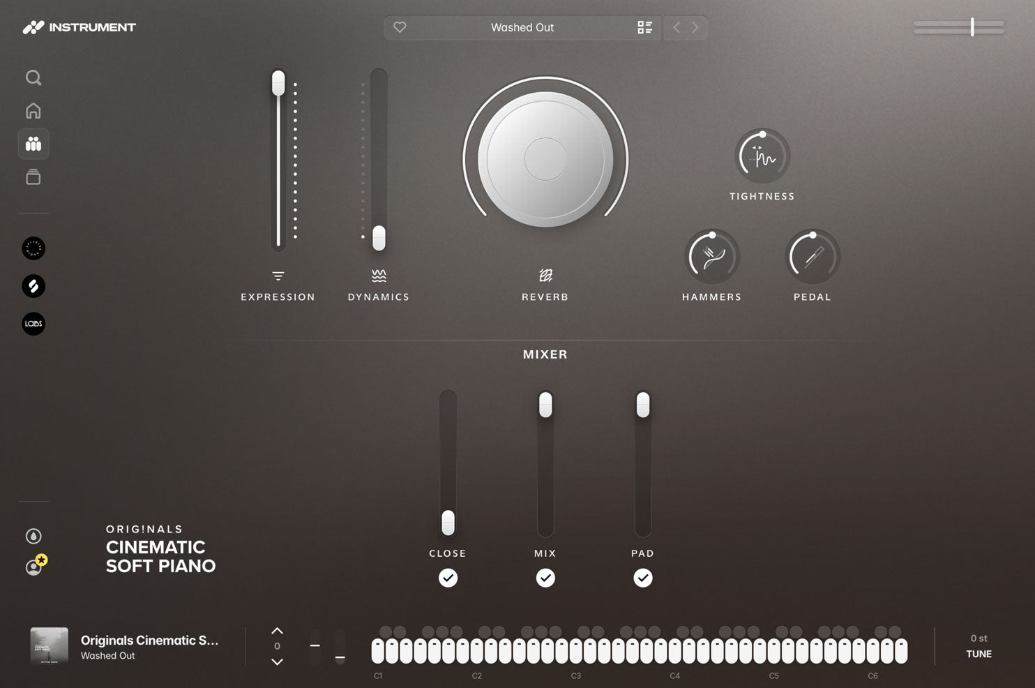 Originals Cinematic Soft Piano open in the INSTRUMENT plugin, showing expression and dynamics faders, a reverb dial, ADSR controls, and the microphone mixer.