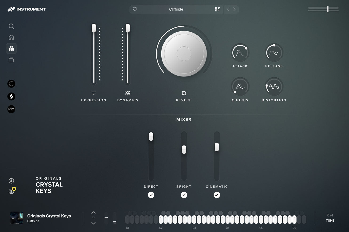 Originals Crystal Keys open in the INSTRUMENT plugin, showing expression and dynamics faders, a reverb dial, ADSR controls, and the microphone mixer.