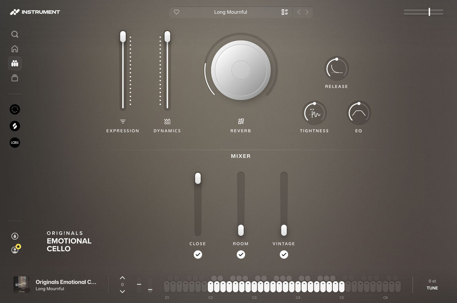 Originals Emotional Cello open in the INSTRUMENT plugin, showing expression and dynamics faders, a reverb dial, ADSR controls, and the microphone mixer.