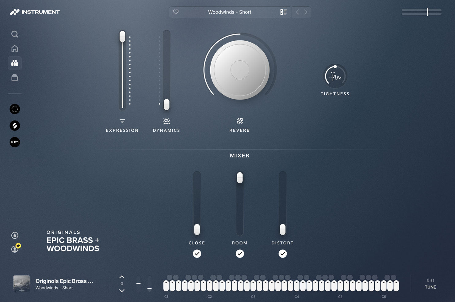 Originals Epic Brass and Woodwinds open in the INSTRUMENT plugin, showing expression and dynamics faders, a reverb dial, ADSR controls, and the microphone mixer.
