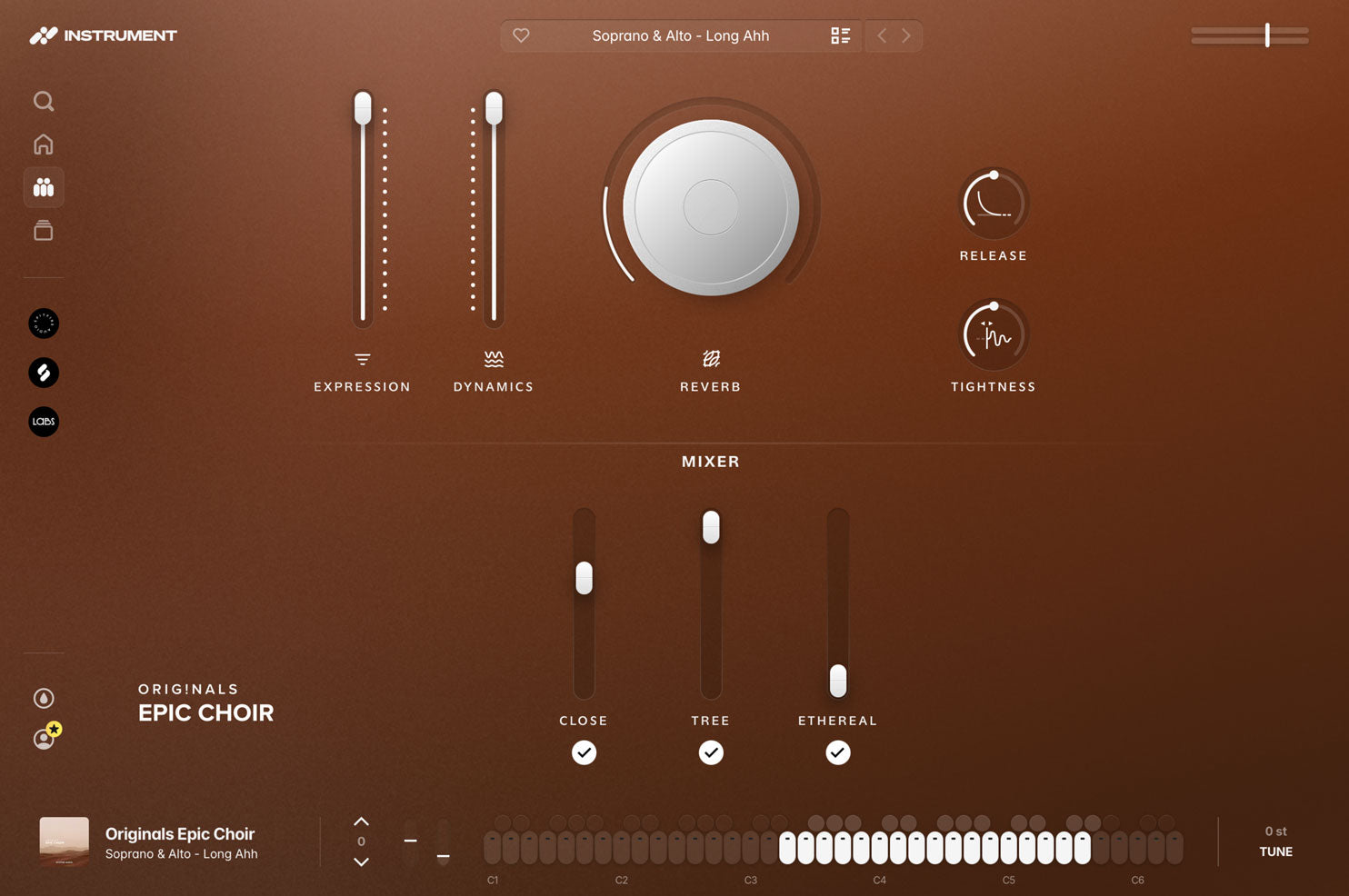 Originals Epic Choir open in the INSTRUMENT plugin, showing expression and dynamics faders, a reverb dial, ADSR controls, and the microphone mixer.