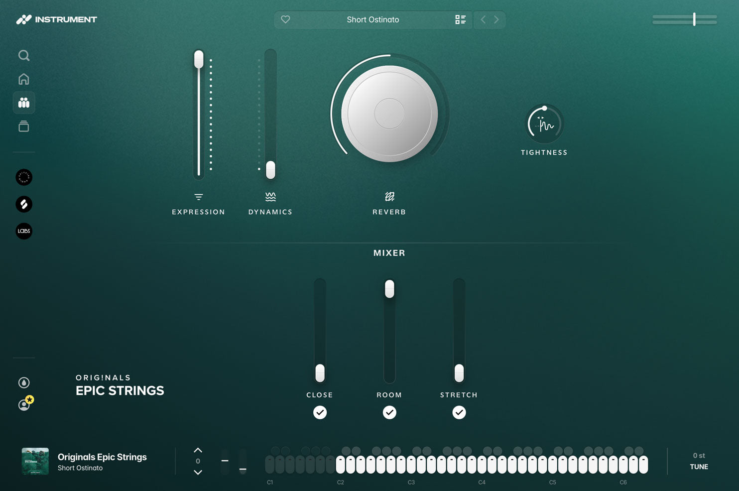 Originals Epic Strings open in the INSTRUMENT plugin, showing expression and dynamics faders, a reverb dial, ADSR controls, and the microphone mixer.