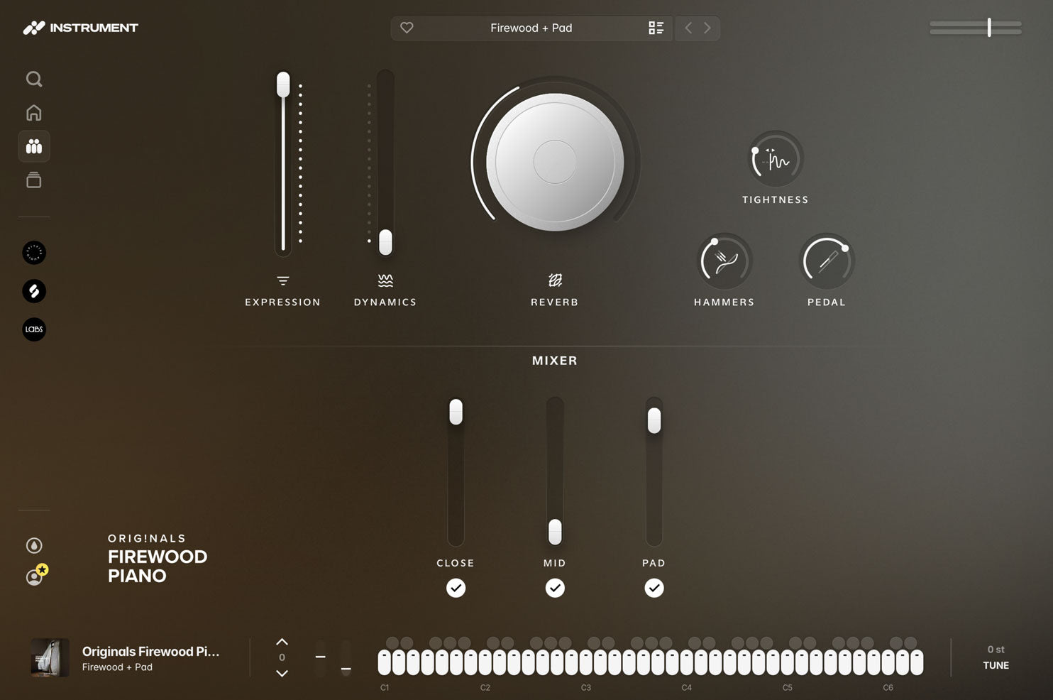 Originals Firewood Piano open in the INSTRUMENT plugin, showing expression and dynamics faders, a reverb dial, ADSR controls, and the microphone mixer.