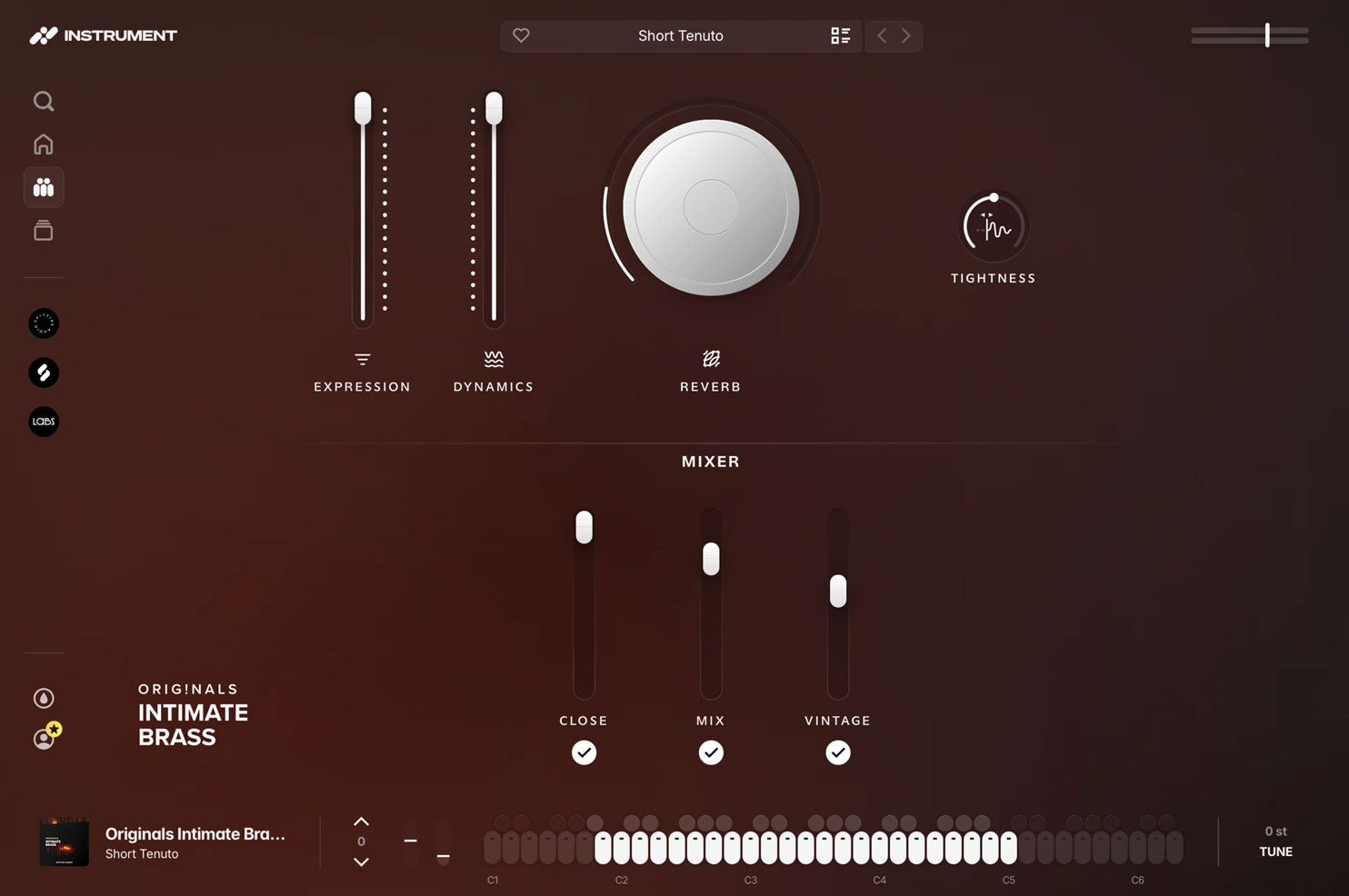 Originals Intimate Brass open in the INSTRUMENT plugin, showing expression and dynamics faders, a reverb dial, ADSR controls, and the microphone mixer.