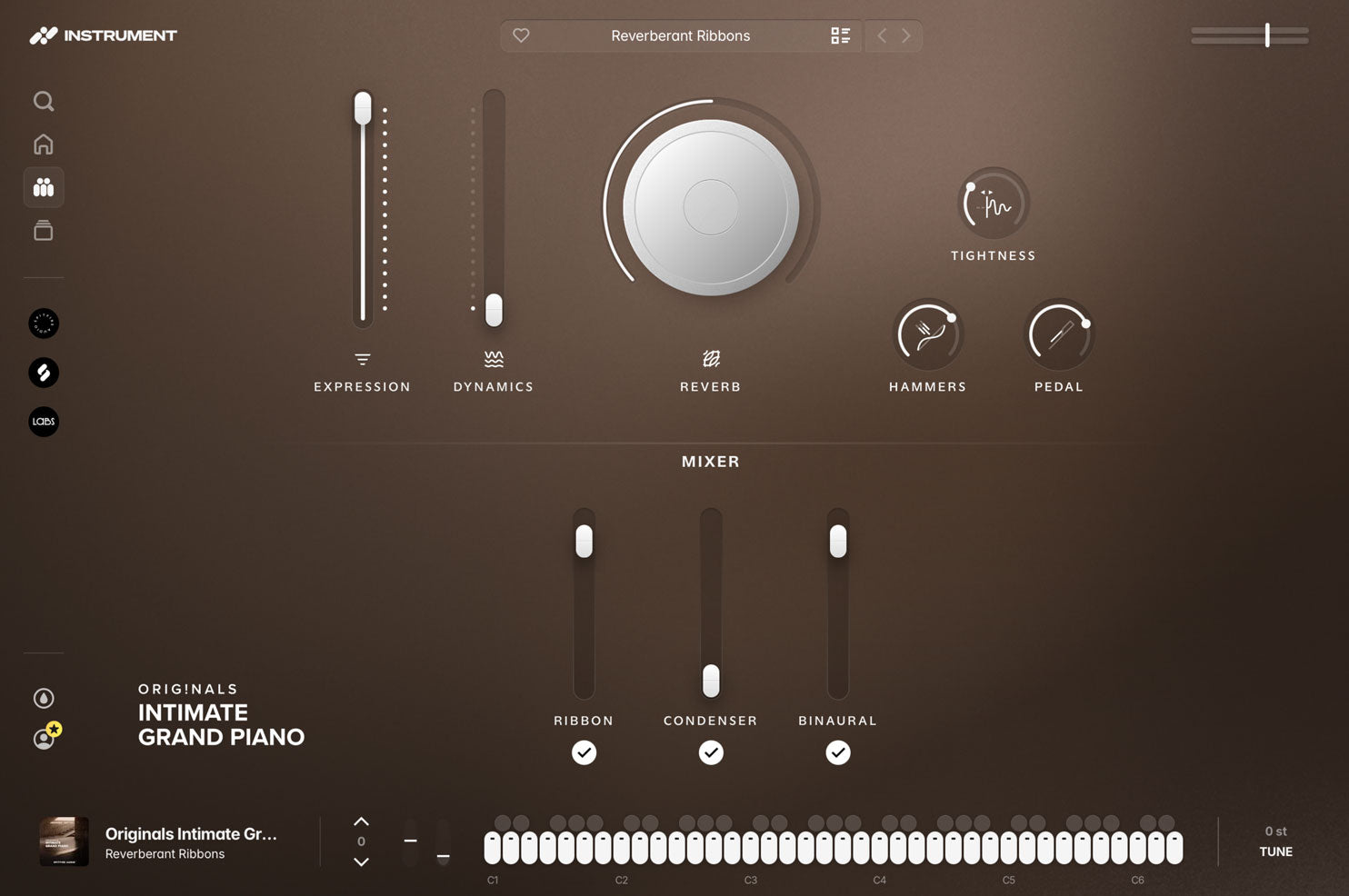 Originals Intimate Grand Piano open in the INSTRUMENT plugin, showing expression and dynamics faders, a reverb dial, ADSR controls, and the microphone mixer.