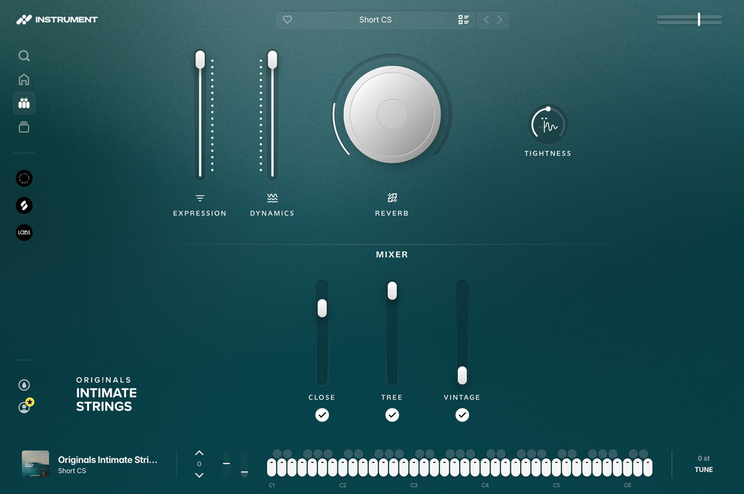 Originals Intimate Strings open in the INSTRUMENT plugin, showing expression and dynamics faders, a reverb dial, ADSR controls, and the microphone mixer.