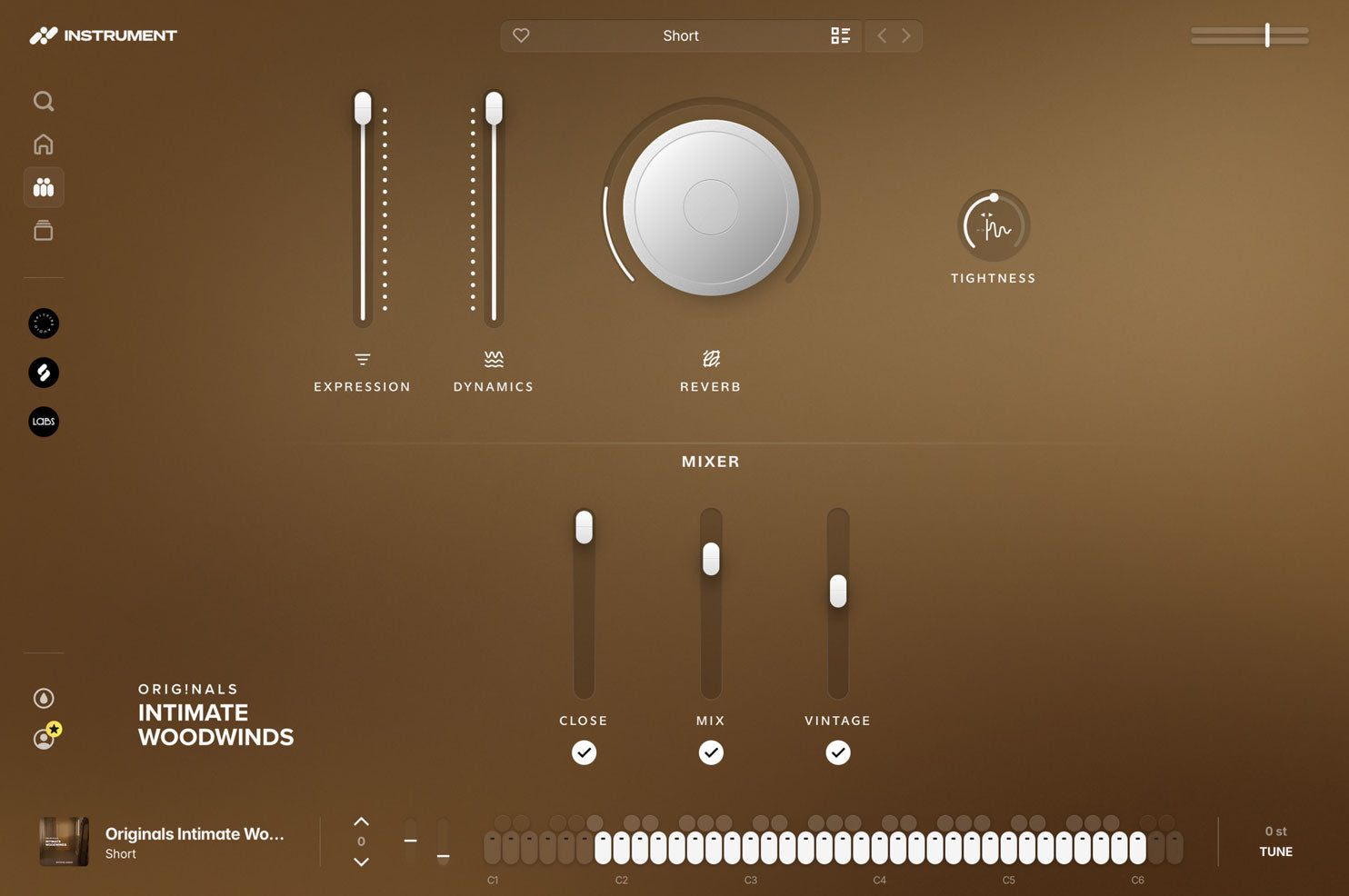 Originals Intimate Woodwinds open in the INSTRUMENT plugin, showing expression and dynamics faders, a reverb dial, ADSR controls, and the microphone mixer.