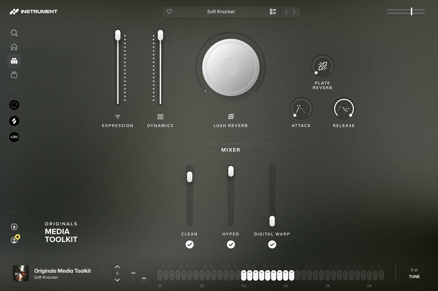 Originals Media Toolkit open in the INSTRUMENT plugin, showing expression and dynamics faders, a reverb dial, ADSR controls, and the microphone mixer.