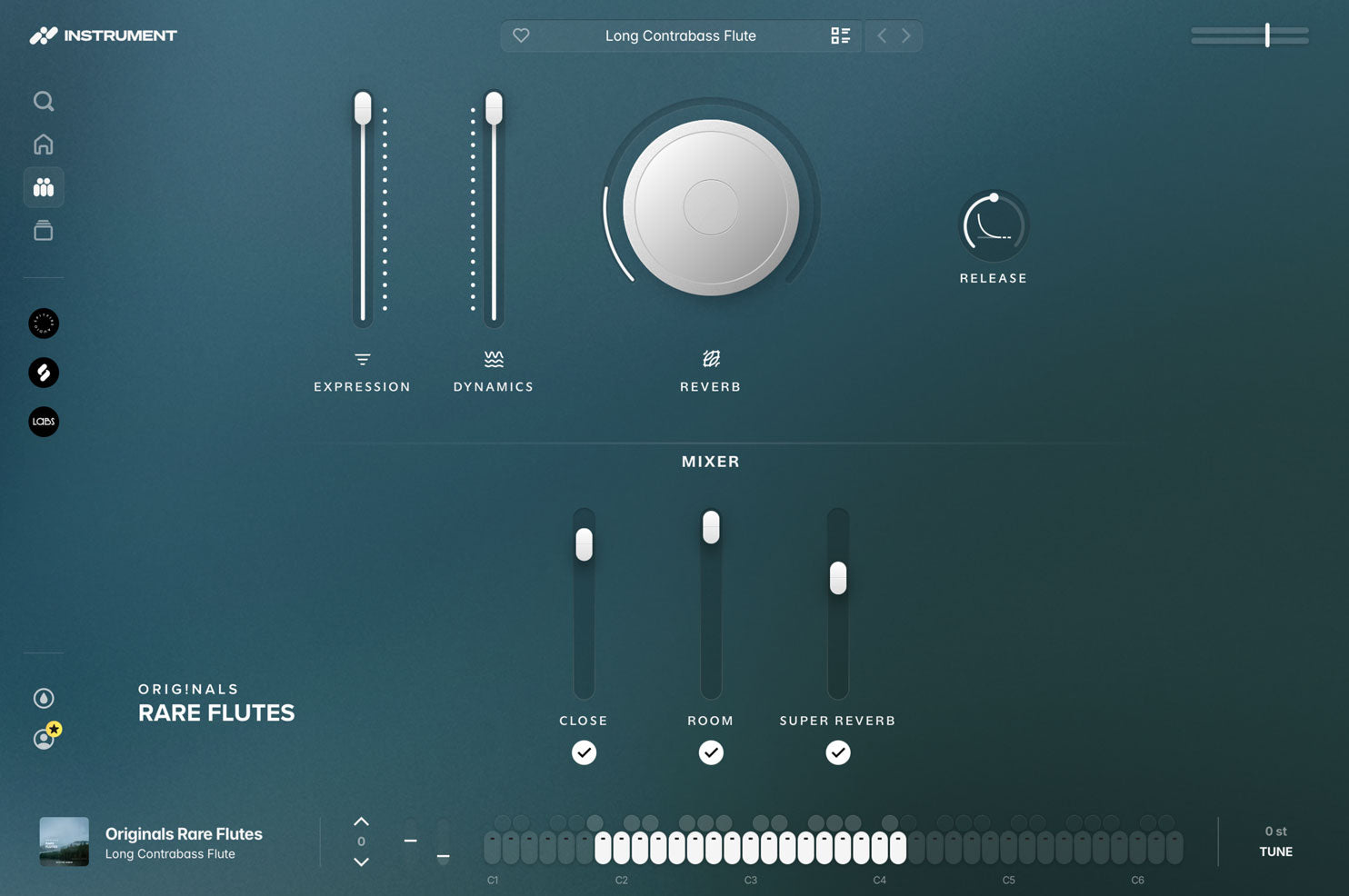 Originals Rare Flutes open in the INSTRUMENT plugin, showing expression and dynamics faders, a reverb dial, ADSR controls, and the microphone mixer.