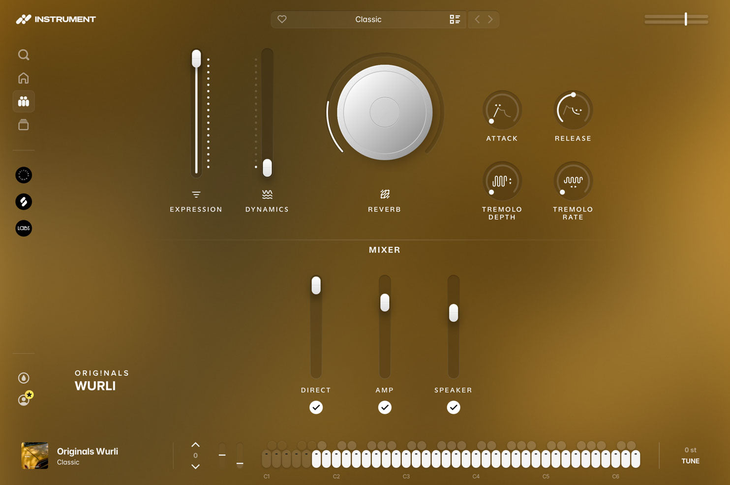 Originals Wurli open in the INSTRUMENT plugin, showing expression and dynamics faders, a reverb dial, ADSR controls, and the microphone mixer.