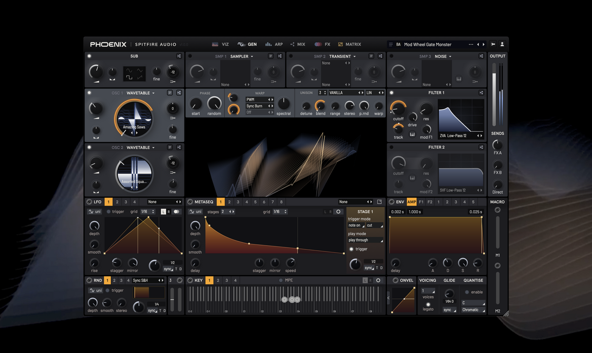 Spitfire Audio Phoenix hybrid synth plugin interface showing oscillators, filters, sequencers, and envelopes